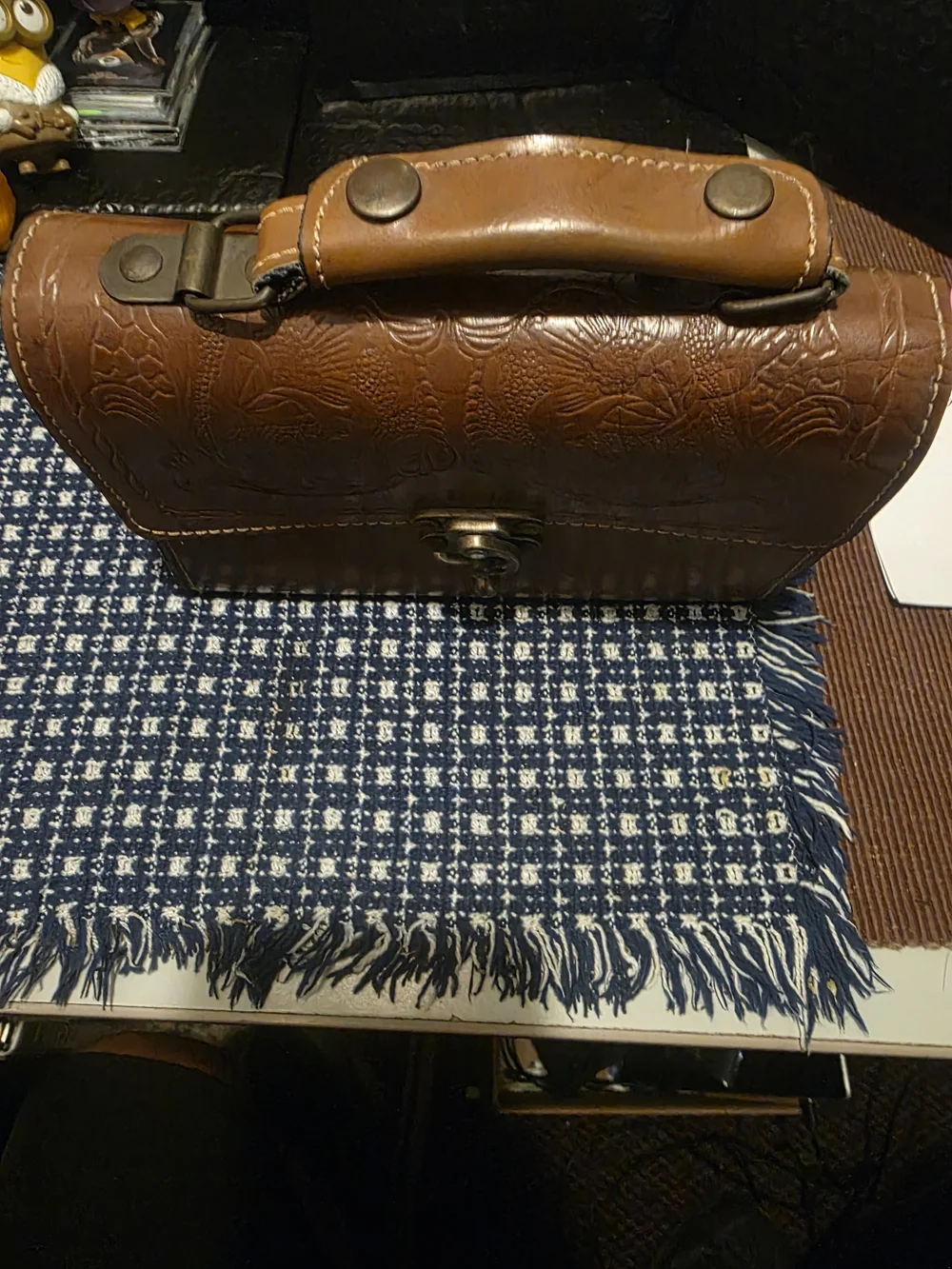 Source Unknown Brown Tooled Leather Satchel with Brass Clasp